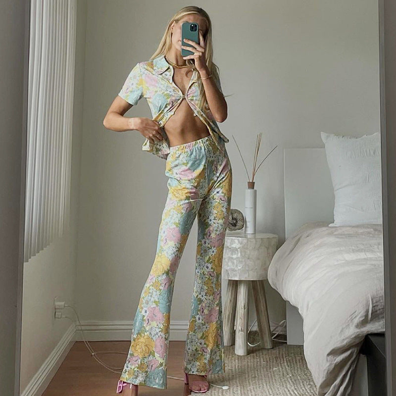 Floral Shirt & Bootcut Trouser Co-Ord Set in Pastel Tones - pastel floral full outfit front view