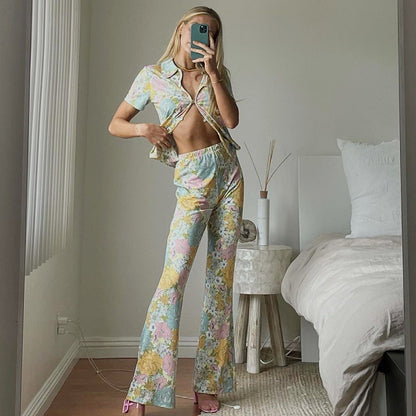 Floral Shirt & Bootcut Trouser Co-Ord Set in Pastel Tones - pastel floral full outfit front view