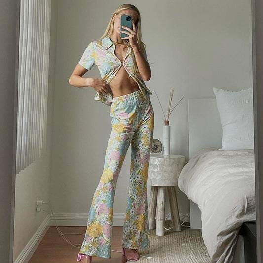 Floral Shirt & Bootcut Trouser Co-Ord Set in Pastel Tones - pastel floral full outfit front view