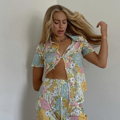 Floral Shirt & Bootcut Trouser Co-Ord Set in Pastel Tones - pastel floral cropped shirt close-up