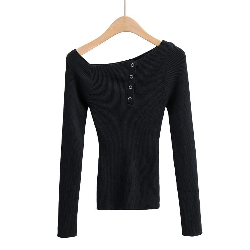Knit Top with Boat Neck and Button Detail - black front view