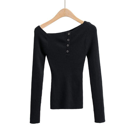 Knit Top with Boat Neck and Button Detail - black front view