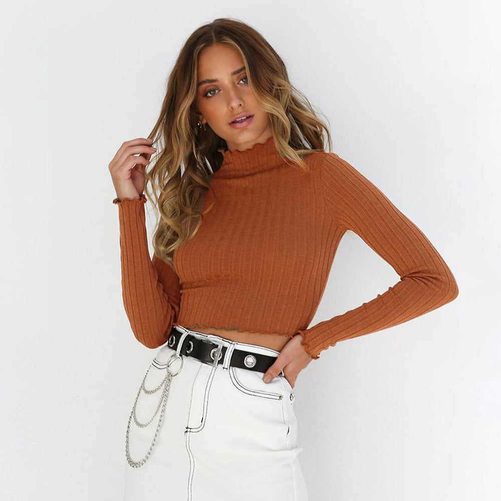 Top in Coffee with Ribbed High Neck and Scalloped Trim - coffee angled model view