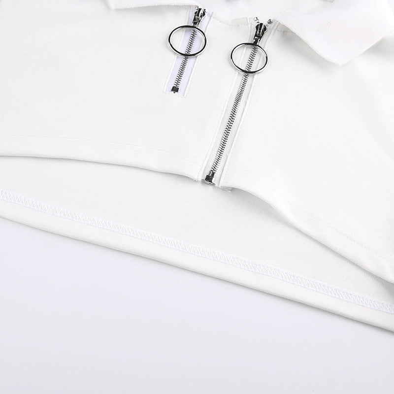 Cropped Polo Top with Double Ring Zip in White - white cropped hem and zip detail