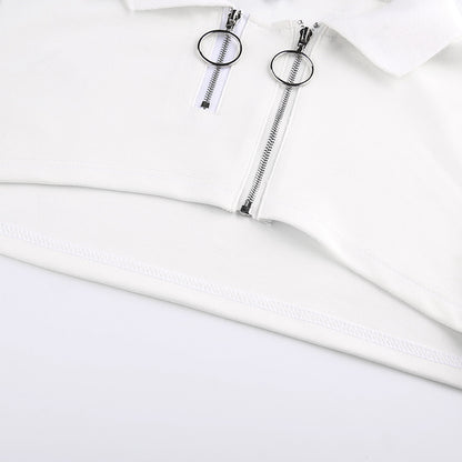 Cropped Polo Top with Double Ring Zip in White - white cropped hem and zip detail