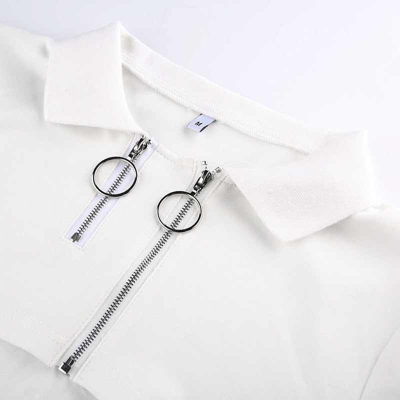 Cropped Polo Top with Double Ring Zip in White - white collar and double ring zip close-up