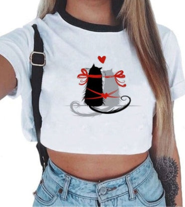 Crop T-Shirt in White with Graphic Print and Contrast Trim - white front with cat and red bow print