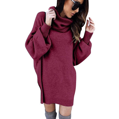 Jumper Dress in Oversized Cowl-Neck Knit - Wine Red front view