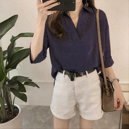 Tunic Shirt in Fine Pinstripe - Blue styled front