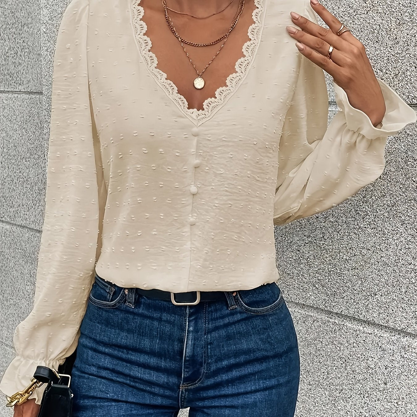 Blouse with Scalloped V-Neck and Button Front - apricot neckline detail