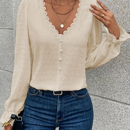 Blouse with Scalloped V-Neck and Button Front - apricot neckline detail