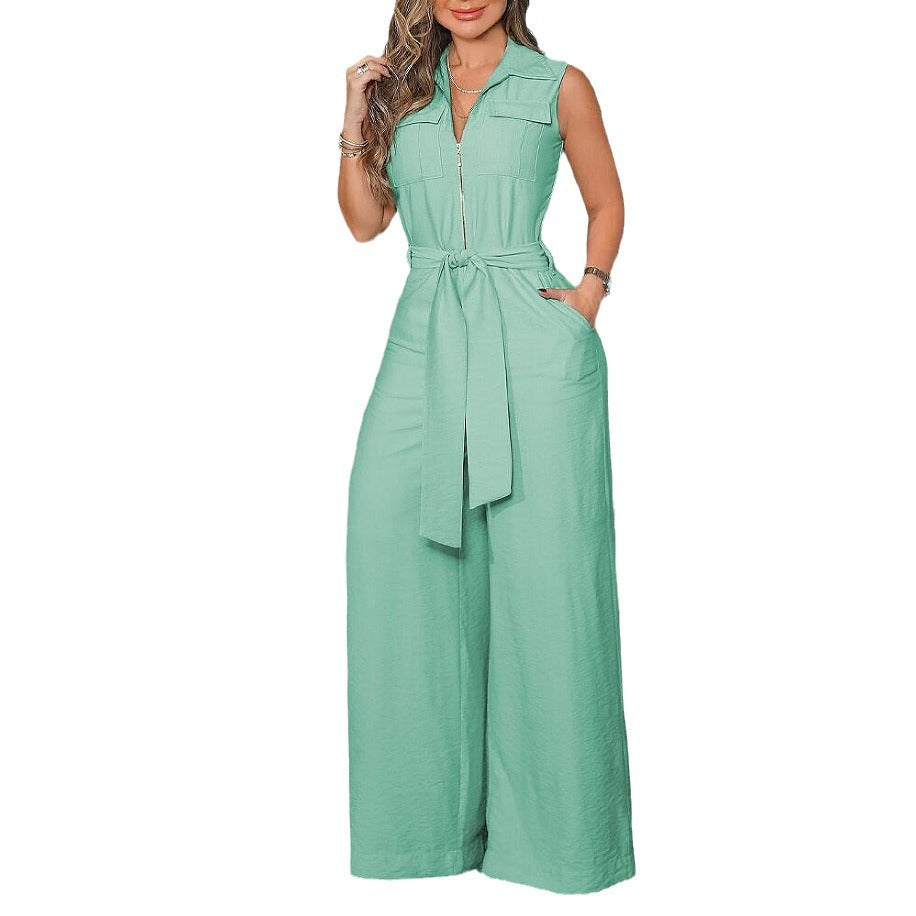 Jumpsuit in Mint Green with Shirt Collar and Wide Leg - mint green studio front view