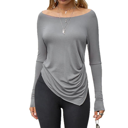 Long Sleeve Top in Grey with Asymmetric Ruched Hem - grey front view on white background
