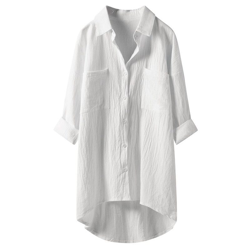 Longline Cotton-Linen Shirt with Curved Hem - white front studio view