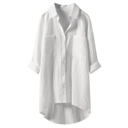 Longline Cotton-Linen Shirt with Curved Hem - white front studio view