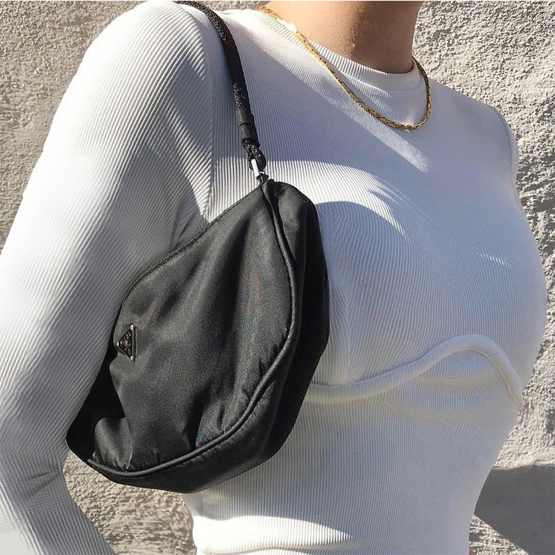 Ribbed Long-Sleeve Contour Top in White - white shoulder fit close-up