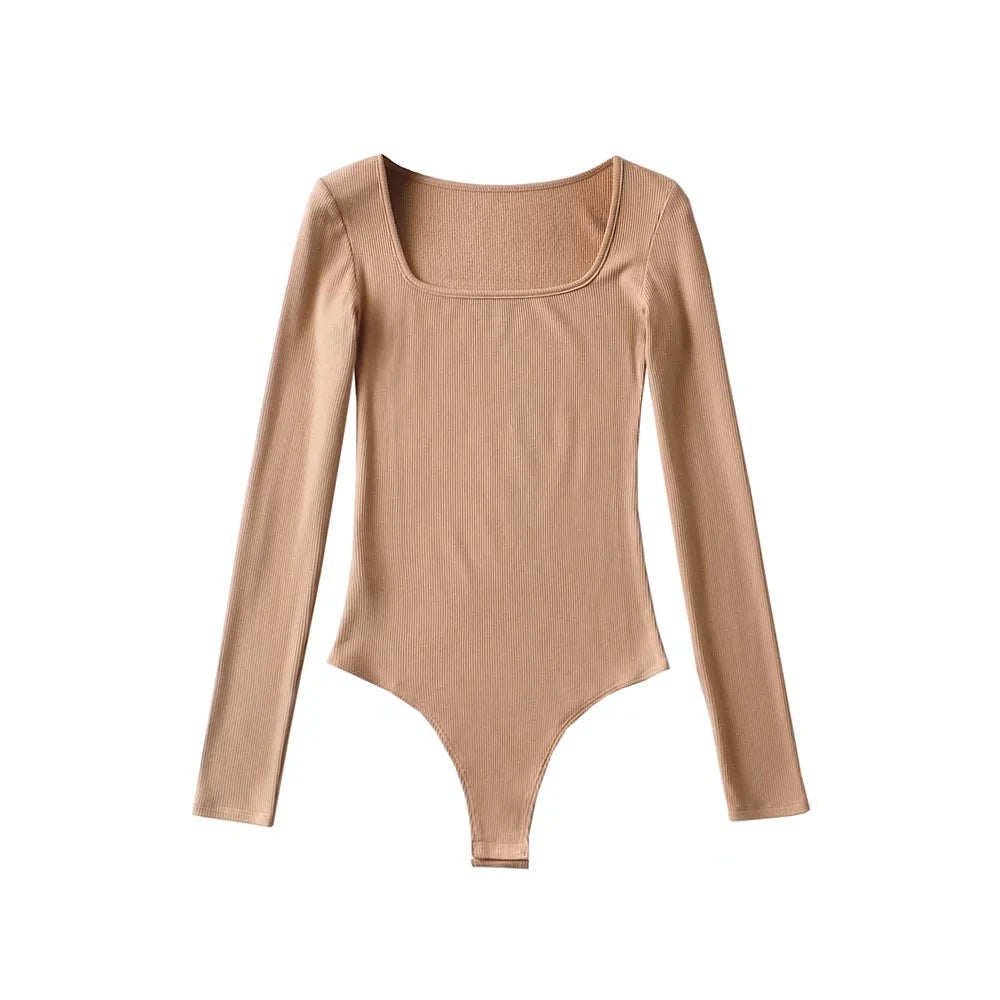 Square-Neck Brushed Rib Bodysuit with Long Sleeves - Khaki front view
