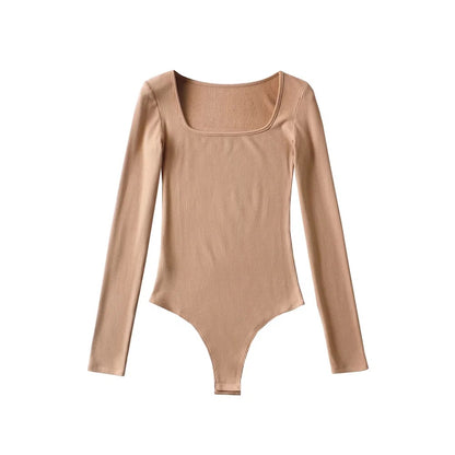 Square-Neck Brushed Rib Bodysuit with Long Sleeves - Khaki front view