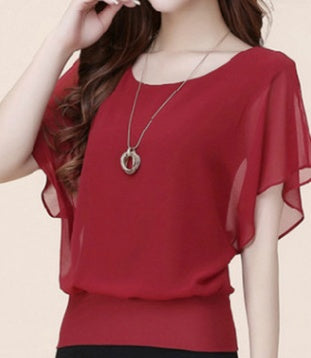 Blouse in Layered Chiffon with Batwing Sleeves - red sleeve detail