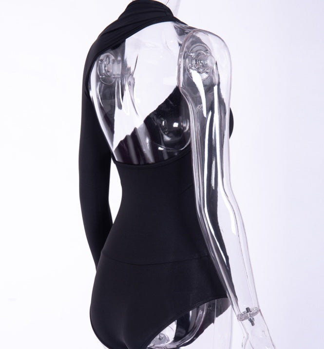 Bodysuit with Asymmetric One-Shoulder Long Sleeve - black back view showing asymmetric shoulder line