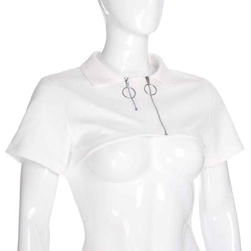 Cropped Polo Top with Double Ring Zip in White - white angled front view on mannequin