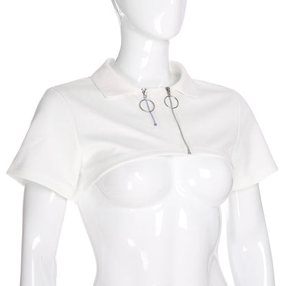 Cropped Polo Top with Double Ring Zip in White - white angled front view on mannequin