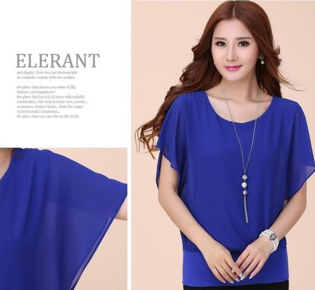 Blouse in Layered Chiffon with Batwing Sleeves - blue front view