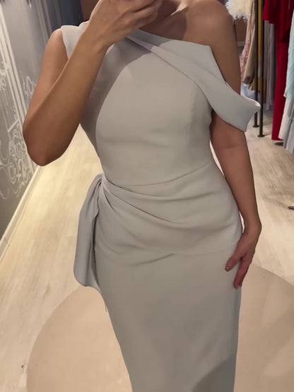Maxi Dress in Soft Grey with One-Shoulder Drape - front mid-length view