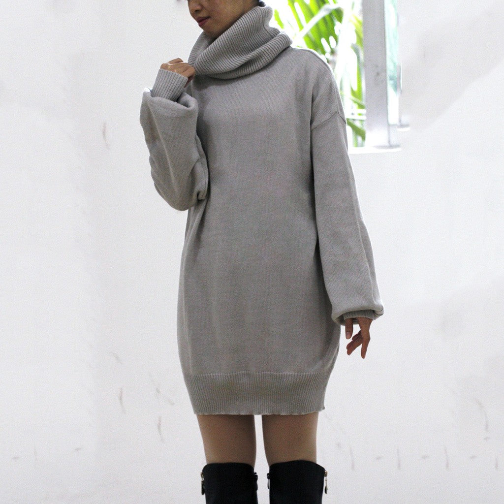 Jumper Dress in Oversized Cowl-Neck Knit - Grey full-length view