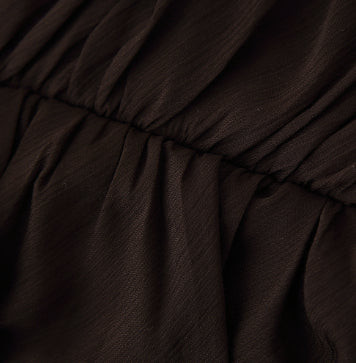Midi Dress in Chocolate Brown with Ruched Bandeau Bodice - chocolate brown gathered waist and fabric texture