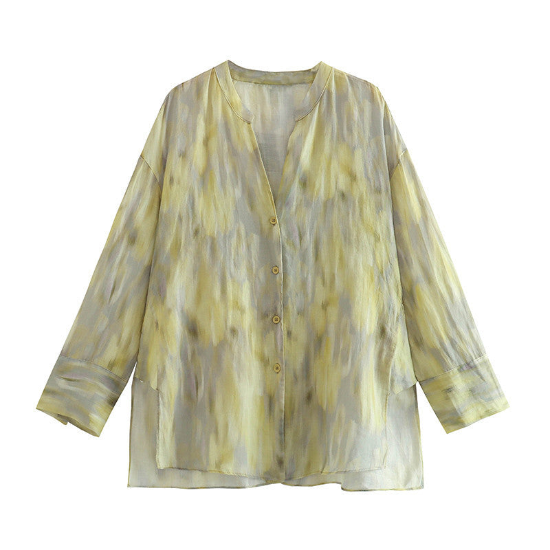 Shirt and Wide-Leg Trousers Set in Sage Tie-Dye Linen Blend - sage tie-dye shirt front view