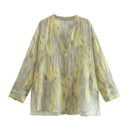Shirt and Wide-Leg Trousers Set in Sage Tie-Dye Linen Blend - sage tie-dye shirt front view