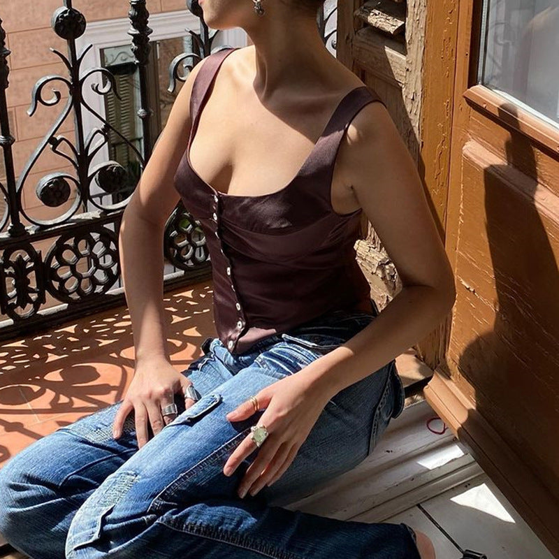 Vest Top in Satin with Square Neck and Button Front - brown seated lifestyle