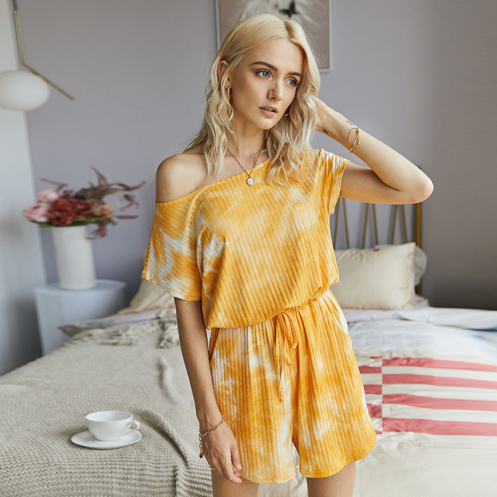 Playsuit in Ribbed Tie-Dye with One-Shoulder Neckline - yellow front view