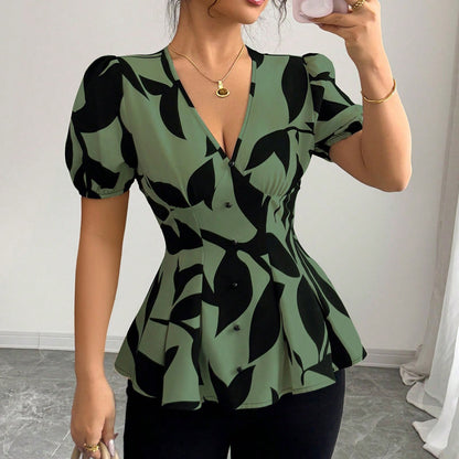 Peplum Blouse in Abstract Print - green front close-up