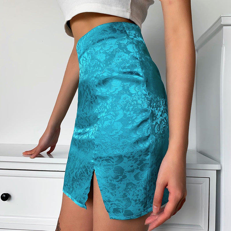 Mini Skirt in Turquoise Satin Jacquard - turquoise blue side view showing angled slit