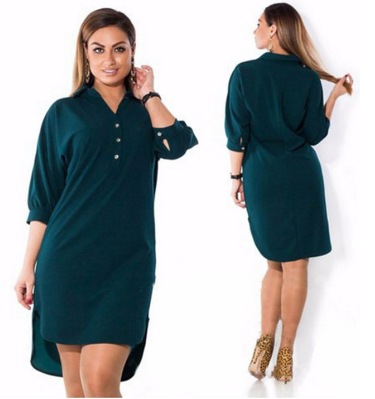 Shirt Dress with Dipped Hem in Plus Sizes - deep green front and back views