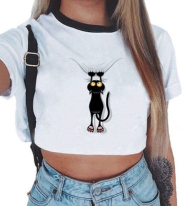 Crop T-Shirt in White with Graphic Print and Contrast Trim - white front with long-legged black cat print