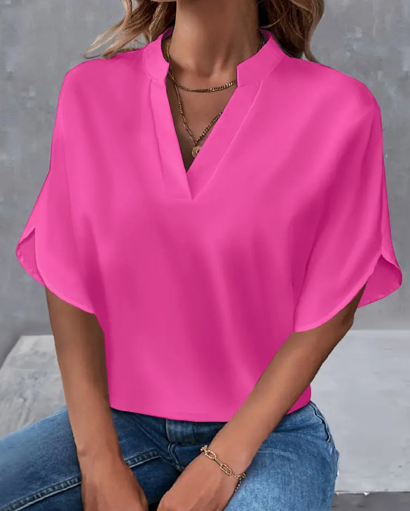 Blouse with Notch Neck and Split Sleeves - pink front view