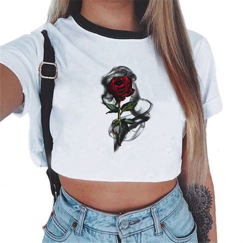 Crop T-Shirt in White with Graphic Print and Contrast Trim - white front with smoky red rose print