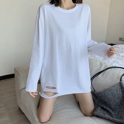 Longline Top in White with Plain or Distressed Hem - white distressed hem oversized sleeve detail
