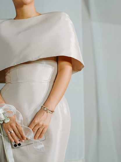 Cape-Style Top & Column Maxi Dress Set in Ivory Satin - ivory waist detail showing fitted skirt