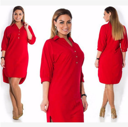 Shirt Dress with Dipped Hem in Plus Sizes - red front, detail and back views