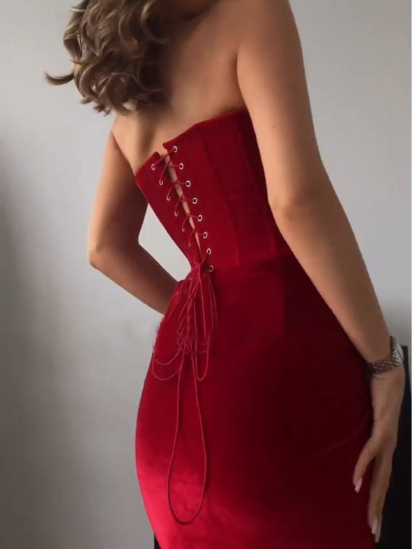 Strapless Corset Midi Dress in Red Velvet - red back view with lace-up corset detail