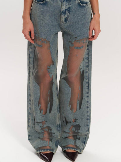 Wide-Leg Distressed Mesh Jeans in Blue - blue front leg detail