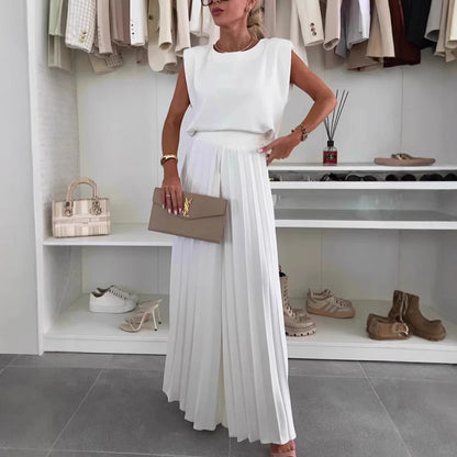 Pleated Wide-Leg Trouser & Sleeveless Top Co-ord Set — white, front view