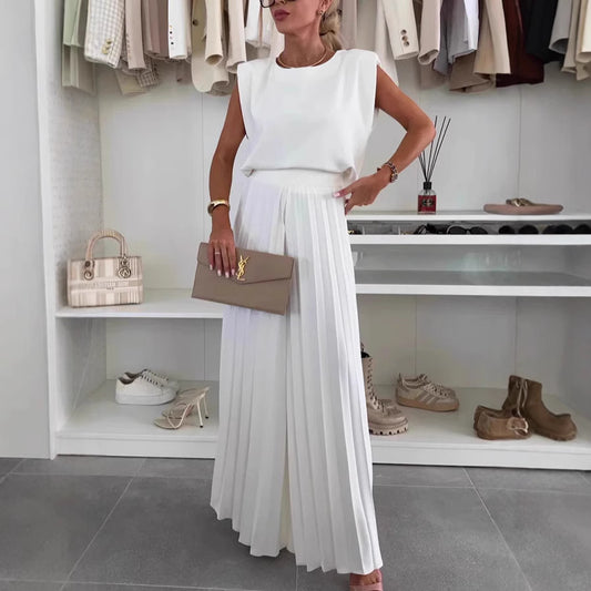 Pleated Wide-Leg Trouser & Sleeveless Top Co-ord Set — white, front view