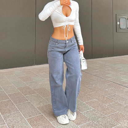 Jeans in Washed Grey Blue Wide-Leg Denim - front full-length fit