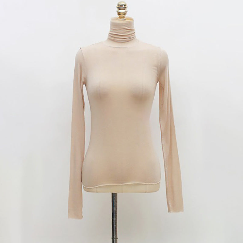 Top in Sheer Stretch Mesh with Turtleneck and Long Sleeves - apricot front view