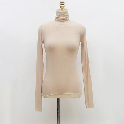 Top in Sheer Stretch Mesh with Turtleneck and Long Sleeves - apricot front view